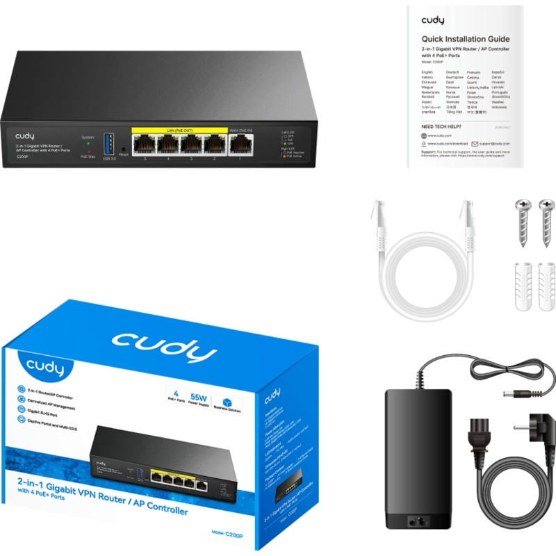 Маршрутизатор Cudy C200P VPN с контроллером точек доступа, 4 порта PoE+, 55 Вт, фото 2
