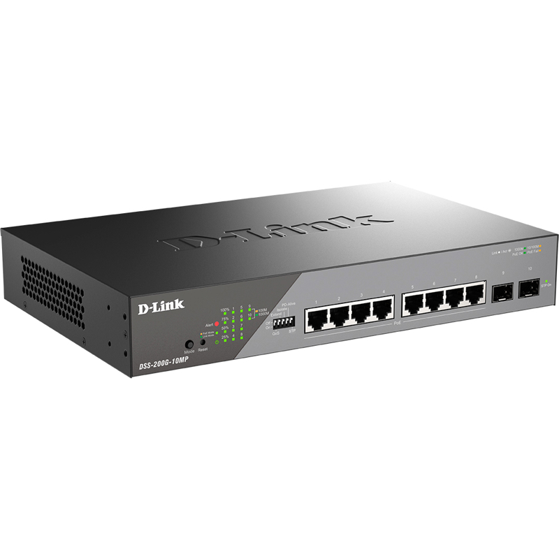 Коммутатор D-Link DSS-200G-10MP смарт L2 для видеонаблюдения, 8 портов PoE 1 Гбит/с, 2 SFP, 130 Вт, фото 2