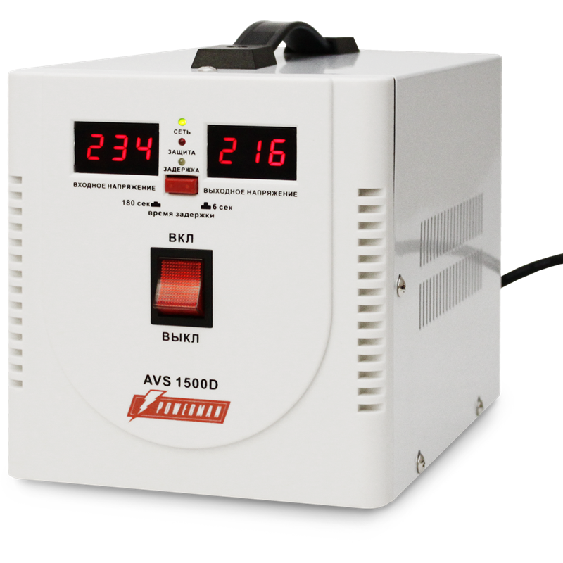 Стабилизатор POWERMAN AVS 1500D, ступенчатый регулятор, цифровые индикаторы уровней напряжения, 1500ВА, 140-260В, максимальный входной ток 10А, 2 евророзетки, IP-20, напольный, 200мм х 160мм х 190мм, 4 кг. (POWERMAN AVS 1500D), фото 2