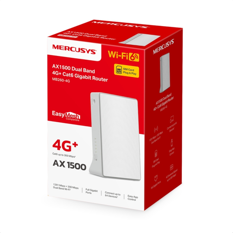 4G-роутер Mercusys MB260-4G с модемом 4G+ LTE до 300 Мбит/с, Wi-Fi AX1500, 3 порта 1 Гбит/с, фото 7