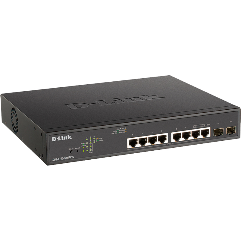 Коммутатор D-Link DGS-1100-10MPPV2 смарт L2, 8 портов PoE 1 Гбит/с, 2 SFP, 242 Вт, фото 2
