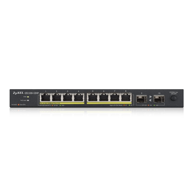 Коммутатор ZYXEL GS1100-10HP неуправляемый, 8 портов PoE+ 1 Гбит/с, 2 SFP, 130 Вт, фото 3