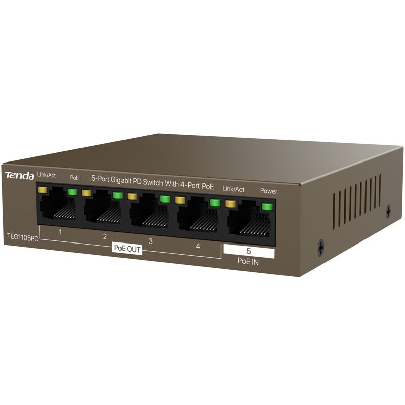 Коммутатор Tenda TEG1105PD неуправляемый, 5 портов 1 Гбит/с, 4 порта PoE, питание по PoE, фото 2