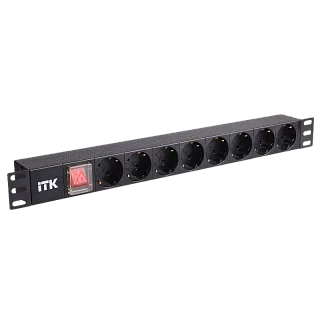 Блок розеток ITK PH12-8D3 для стойки 1U, 8 розеток Schuko, выключатель с подсветкой, вход C14, алюминий