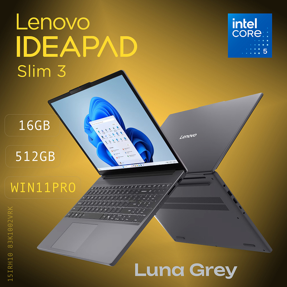 Ноутбук Lenovo IdeaPad Slim 3 15IRH10 83K1002VRK, Luna Grey, 15.3" WUXGA IPS, Intel® Core™ i5-13420H, Intel® UHD Graphics, 16 ГБ DDR5-4800, SSD 512GB, WINDOWS 11 PRO, КЛАВИАТУРА RU/US, гарантия 1 год