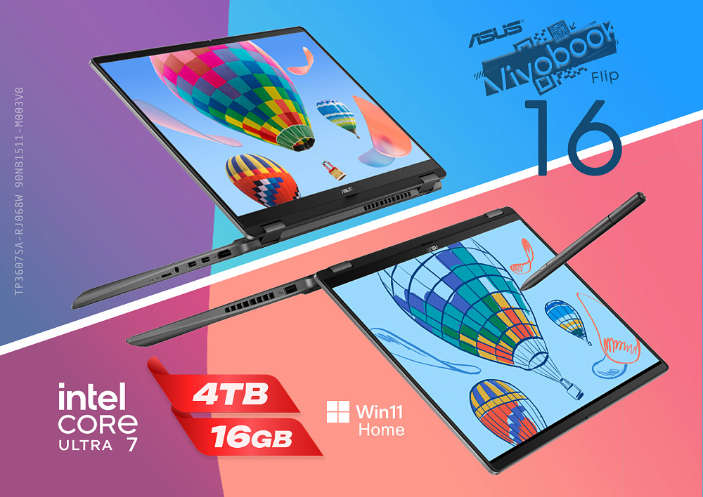 Ноутбук-трансформер ASUS Vivobook 16 Flip Matte Gray TP3607SA-RJ068W 90NB1511-M003V0, 16" 3K OLED 120Hz + стилус ASUS Pen, Intel Core Ultra 7 256V, Intel Arc 140V, 16GB LPDDR5X, SSD 4TB PCIe GEN4, WINDOWS 11 HOME, КЛАВИАТУРА RU/US, гарантия 1 год, фото 2