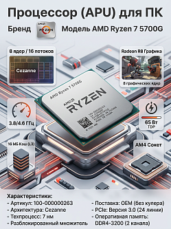 Процессор AMD Ryzen 7 5700G AM4, 8C/16T, 3.8/4.6 ГГц, 16 МБ, 65 Вт, Radeon R8, OEM