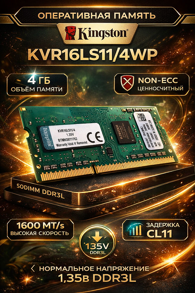 Оперативная память Kingston KVR16LS11/4WP, 4 ГБ, DDR3L, 1600 МГц, SO-DIMM, PC3-12800, CL11