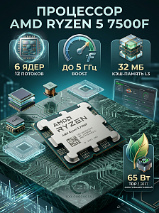Процессор CPU AM5 AMD Ryzen 5 7500F (6C/12T, 3.7/5 GHz, 32MB, 65W) OEM