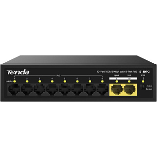 PoE-коммутатор Tenda S110PC неуправляемый, 10 портов 100 Мбит/с, 8 портов PoE