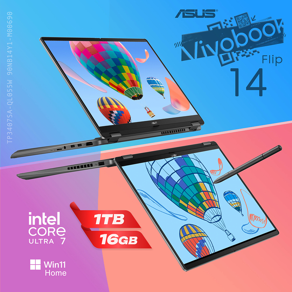 Ноутбук-трансформер ASUS Vivobook 14 Flip Matte Gray TP3407SA-QL055W 90NB14Y1-M00690, 14" WUXGA + стилус ASUS Pen, Intel Core Ultra 7 256V, Intel Arc 140V, 16GB LPDDR5X, SSD 1TB PCIe GEN4, WINDOWS 11 HOME, КЛАВИАТУРА RU/US, гарантия 1 год