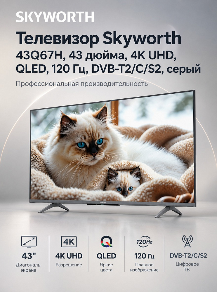 Телевизор Skyworth 43Q67H, 43 дюйма, 4K UHD, QLED, 120 Гц, DVB-T2/C/S2, серый