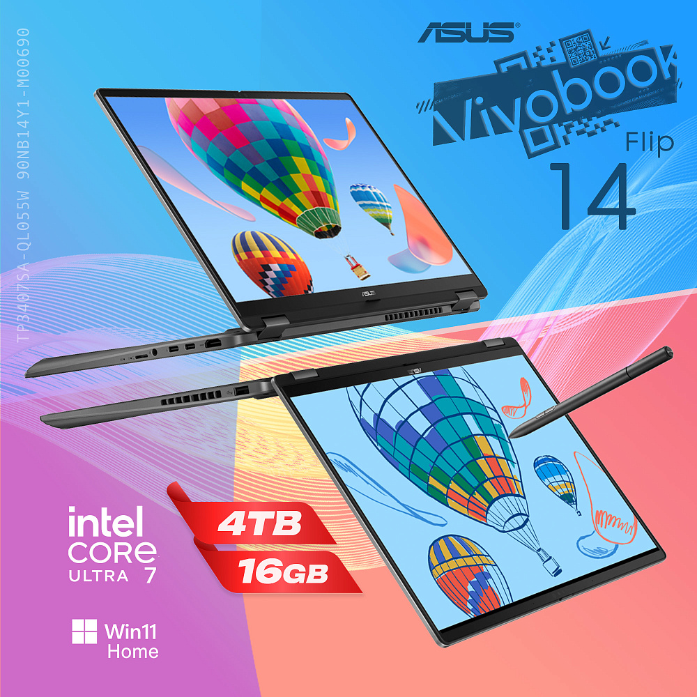 Ноутбук-трансформер ASUS Vivobook 14 Flip Matte Gray TP3407SA-QL055W 90NB14Y1-M00690, 14" WUXGA + стилус ASUS Pen, Intel Core Ultra 7 256V, Intel Arc 140V, 16GB LPDDR5X, SSD 4TB PCIe GEN4, WINDOWS 11 HOME, КЛАВИАТУРА RU/US, гарантия 1 год