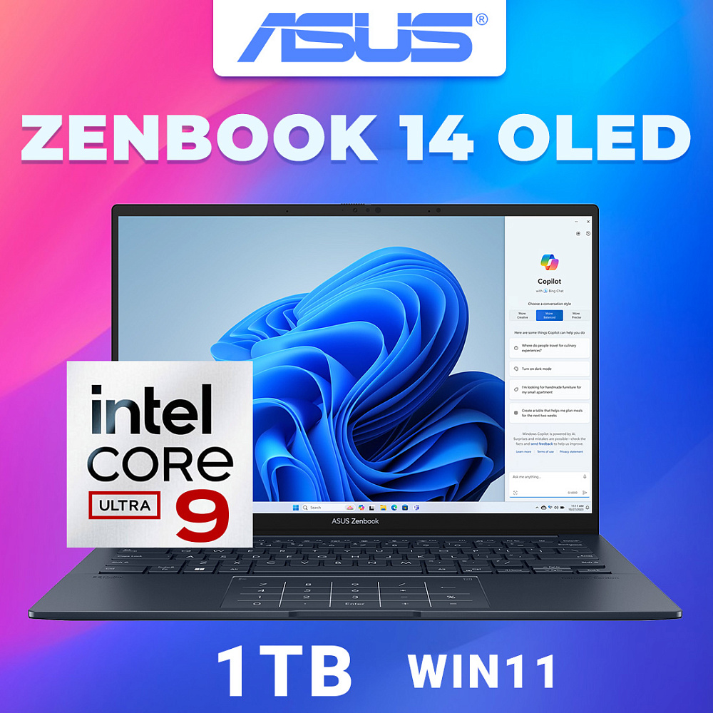 Ноутбук ASUS Zenbook 14 OLED Ponder Blue UX3405MA-QD992 (90NB11R1-M01SU0), Intel Core Ultra 9 185H, 16 ГБ LPDDR5X, 14" Full HD+ OLED, 1TB SSD PCIe GEN4, WINDOWS 11 PRO, КЛАВИАТУРА RU/US, гарантия 1 год, ЧЕХОЛ В ПОДАРОК!