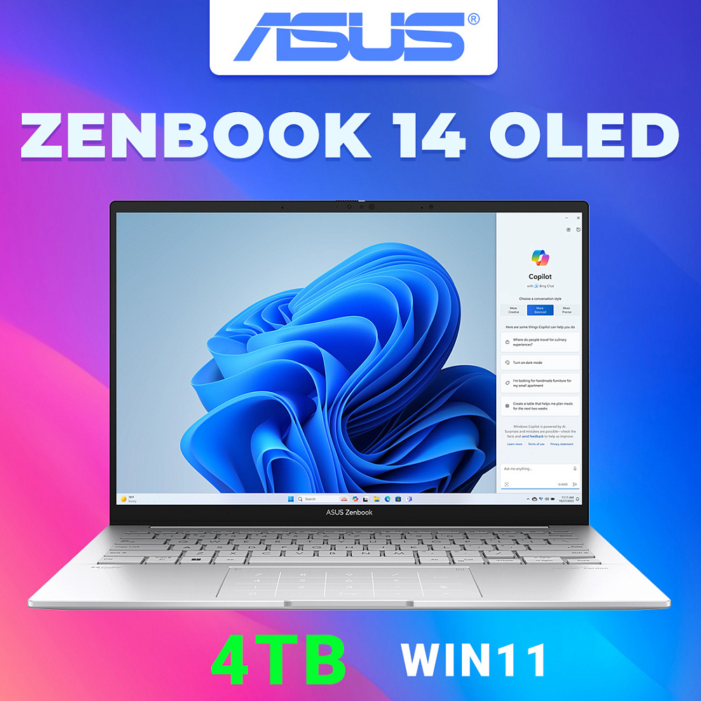 Ноутбук ASUS Zenbook 14 OLED Foggy Silver UX3405MA-QD488W (90NB11R2-M00SS0), Intel Core Ultra 7 155H, 16 ГБ LPDDR5X, 14" Full HD+ OLED, 4 TB SSD PCIe GEN4, WINDOWS 11 HOME, КЛАВИАТУРА RU/US, гарантия 1 год, ЧЕХОЛ В ПОДАРОК!