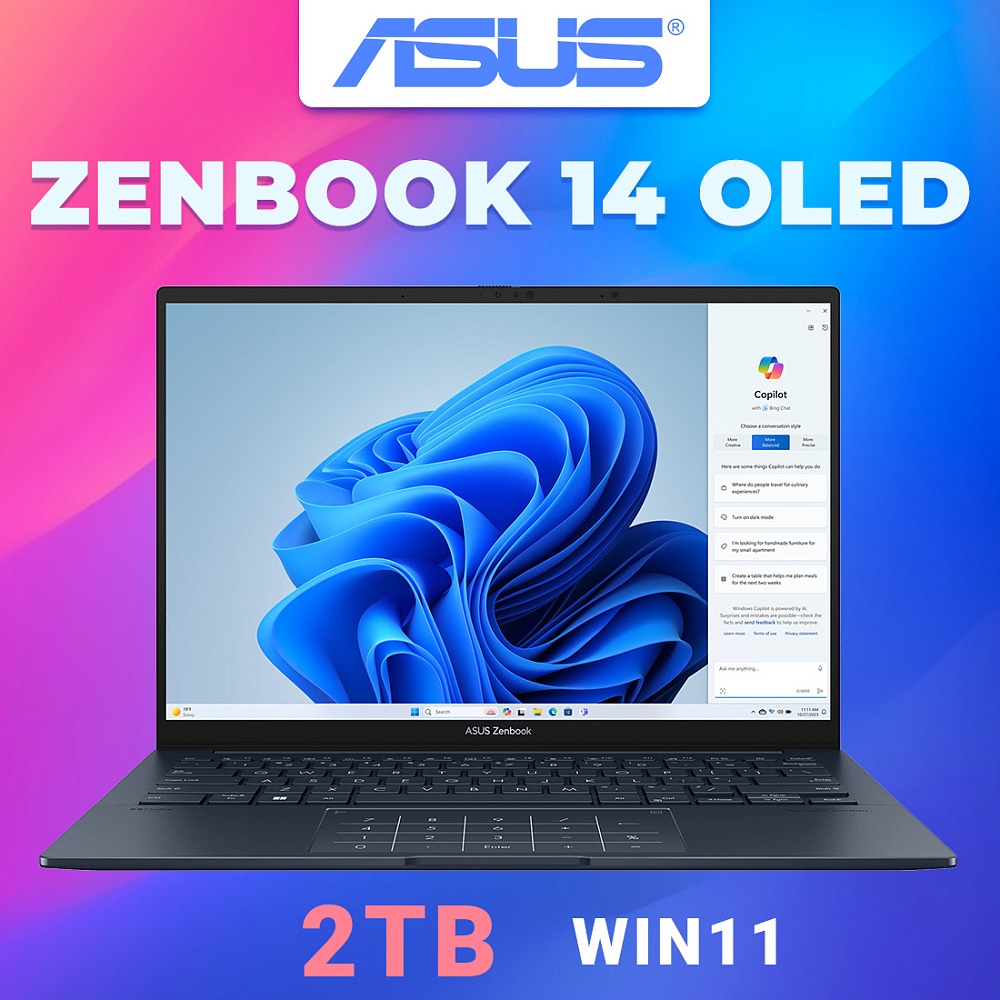 Ноутбук ASUS Zenbook 14 OLED Ponder Blue UX3405MA-QD489 (90NB11R1-M00ST0), Intel Core Ultra 5 125H, 16 ГБ LPDDR5X, 14" Full HD+ OLED, 2 TB SSD PCIe GEN4, WINDOWS 11 PRO, КЛАВИАТУРА RU/US, гарантия 1 год, ЧЕХОЛ В ПОДАРОК!