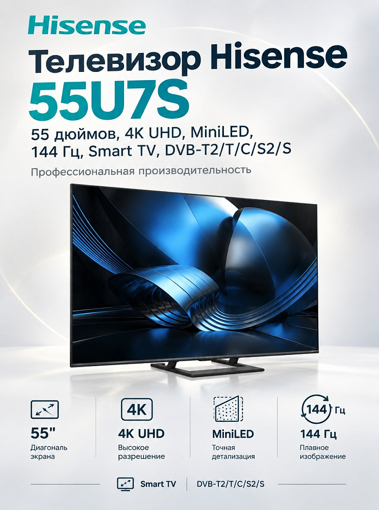 Телевизор Hisense 55U7S, 55 дюймов, 4K UHD, MiniLED, 144 Гц, Smart TV, DVB-T2/T/C/S2/S