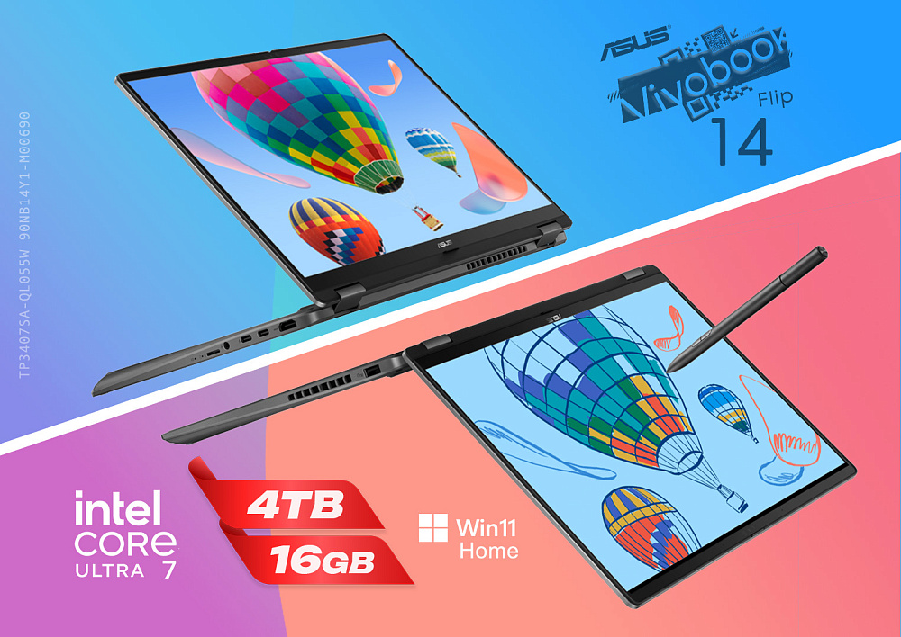 Ноутбук-трансформер ASUS Vivobook 14 Flip Matte Gray TP3407SA-QL055W 90NB14Y1-M00690, 14" WUXGA + стилус ASUS Pen, Intel Core Ultra 7 256V, Intel Arc 140V, 16GB LPDDR5X, SSD 4TB PCIe GEN4, WINDOWS 11 HOME, КЛАВИАТУРА RU/US, гарантия 1 год, фото 2