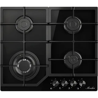 Варочная панель Monsher MGG 63 Noir, газовая, 59 см, 4 конфорки с WOK, газ-контроль, чёрная