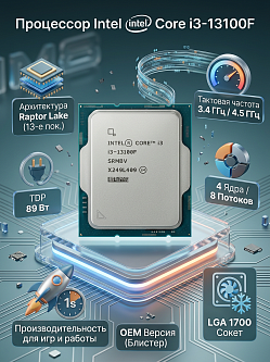 Процессор Intel Core i3-13100F, LGA1700, 4C/8T, 4.5 ГГц, OEM