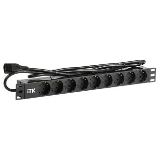 Блок розеток ITK PH22-9D2 для стойки 1U, 9 розеток Schuko, шнур 2 м с вилкой C14, алюминий, чёрный