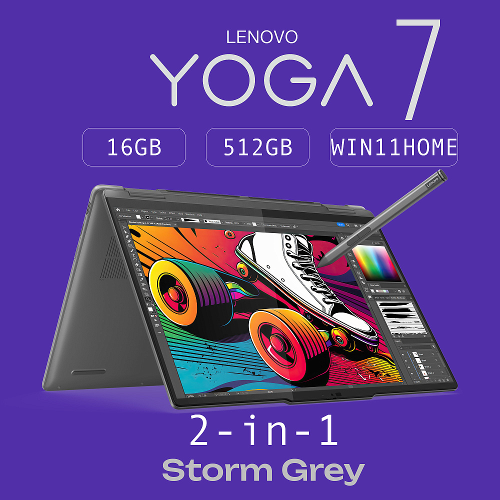 Ноутбук-трансформер Lenovo Yoga 7 2-in-1 14IML9 83DJ00AJRK, Storm Grey, 14" WUXGA OLED 60Hz Touch + Lenovo Digital Pen, Intel Core Ultra 5 125H, Intel Arc Graphics, 16 GB LPDDR5x-7467, SSD 512 GB G4, WINDOWS 11 HOME, КЛАВИАТУРА RU/US, гарантия 1 год