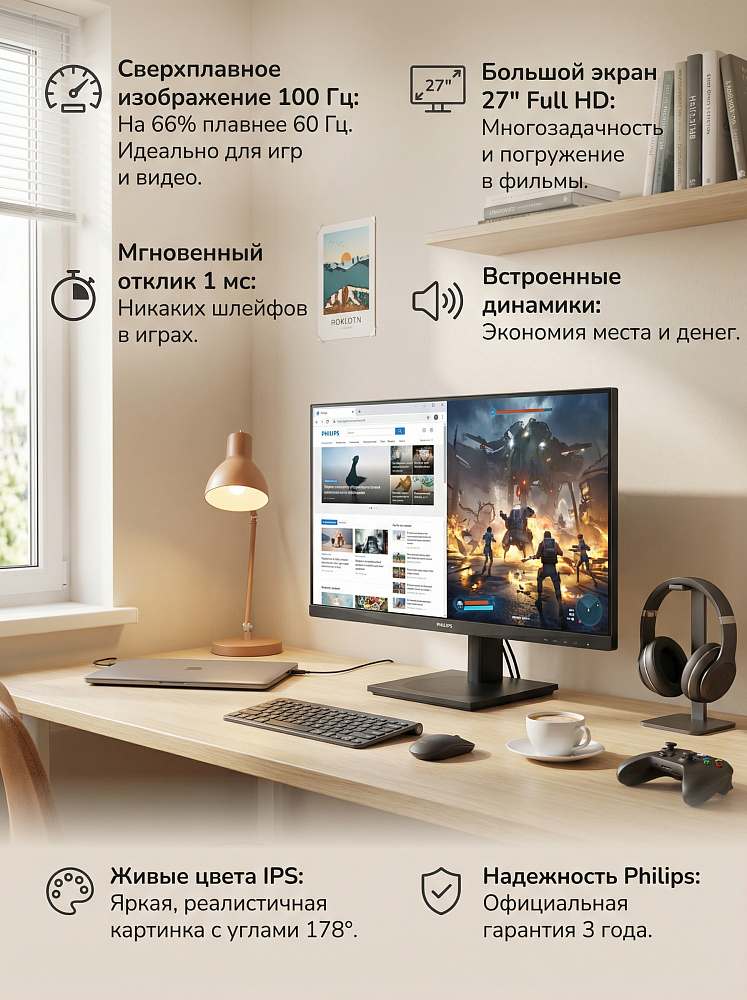 Монитор Philips 27E1N2100D, 27 дюймов, 1920x1080, 100 Гц, IPS, 300 кд/м², чёрный, фото 3