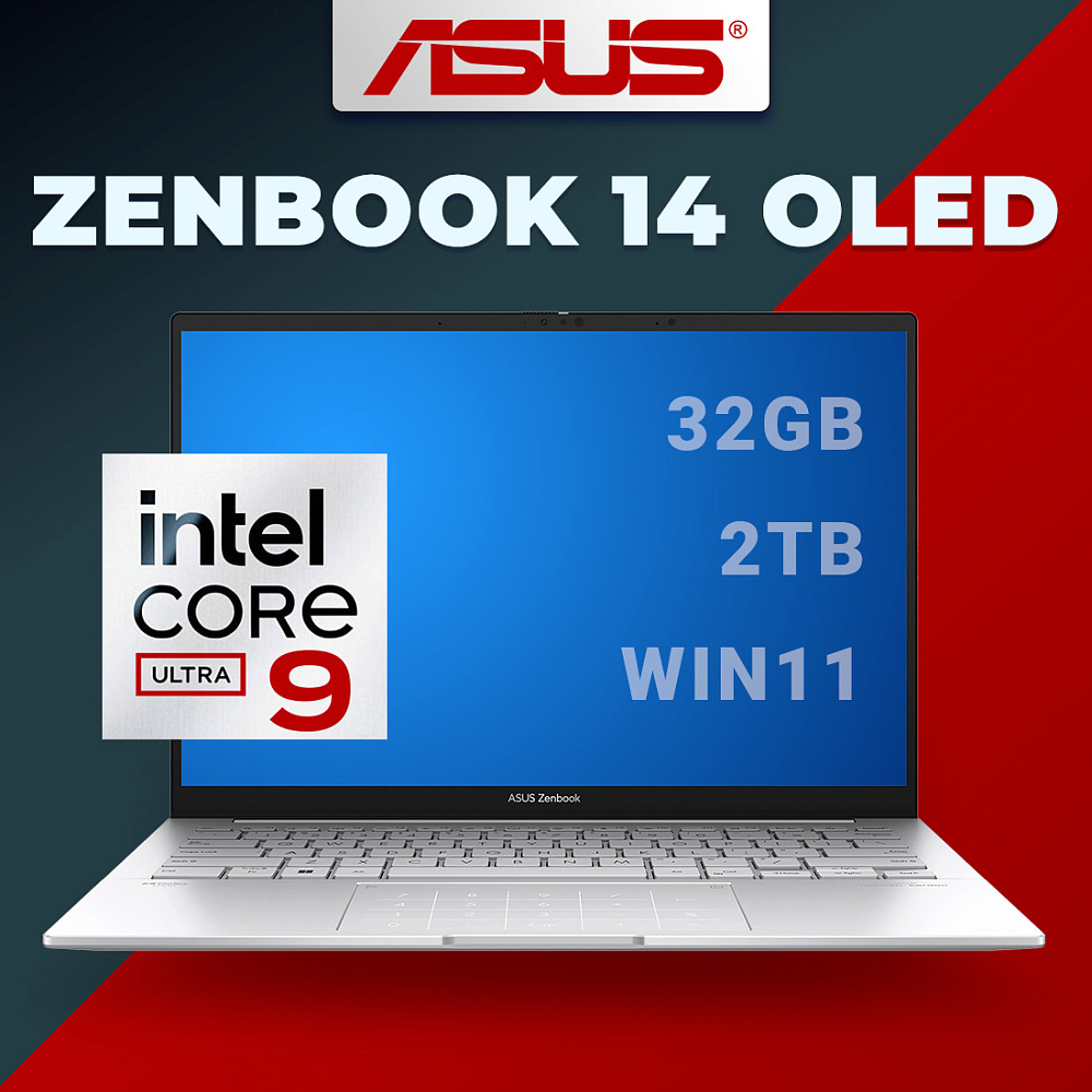 Ноутбук ASUS Zenbook 14 OLED Foggy Silver UX3405MA-QD1017 (90NB11R2-M01UC), Intel Core Ultra 9 185H, 32 ГБ LPDDR5X, 14" Full HD+ OLED, 2TB SSD PCIe GEN4, WINDOWS 11 PRO, КЛАВИАТУРА RU/US, гарантия 1 год, ЧЕХОЛ В ПОДАРОК!