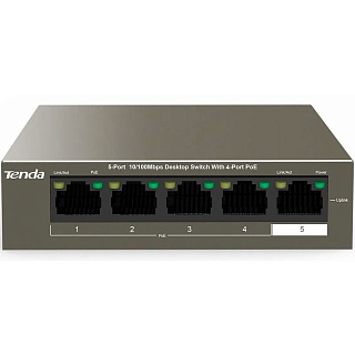 Коммутатор Tenda TEF1105P-4-38W неуправляемый, 5 портов 100 Мбит/с, 4 порта PoE, 38 Вт