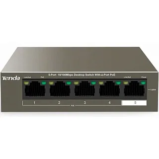 Коммутатор Tenda TEF1105P-4-38W неуправляемый, 5 портов 100 Мбит/с, 4 порта PoE, 38 Вт
