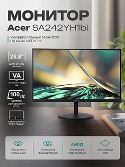 Монитор Acer SA242YH1bi, 23,8'', 1920x1080, VA, 4 мс, 100 Гц, VGA, HDMI 1.4, динамики 2 Вт × 2, Vesa 75×75