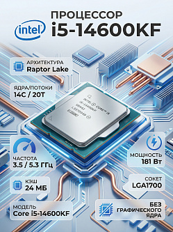 Процессор Intel Core i5-14600KF LGA1700, 14C/20T, 3.5/5.3 ГГц, 24 МБ, 181 Вт, OEM