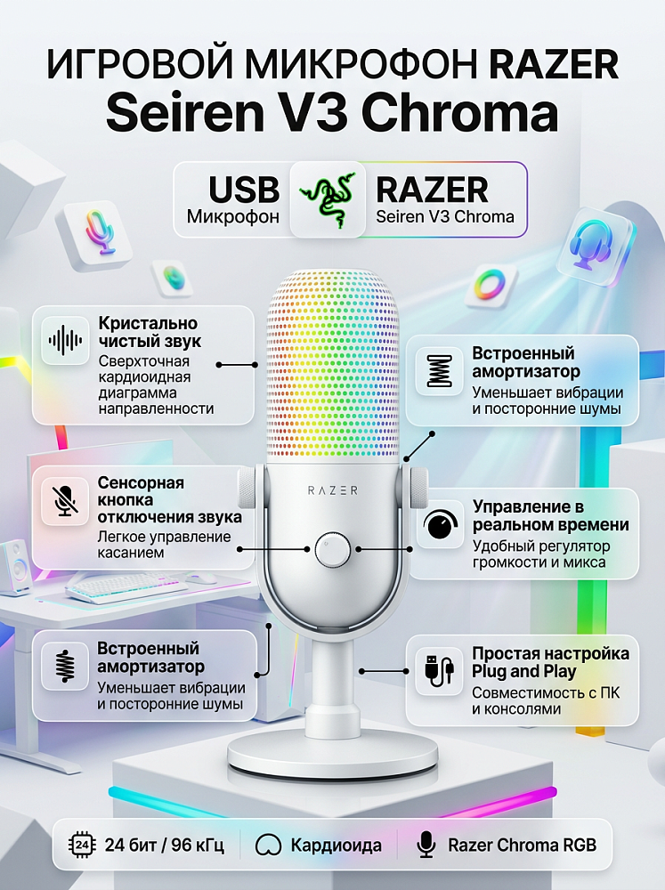Микрофон Razer Seiren V3 Chroma, проводное подключение, USB Type-A, настольный, White