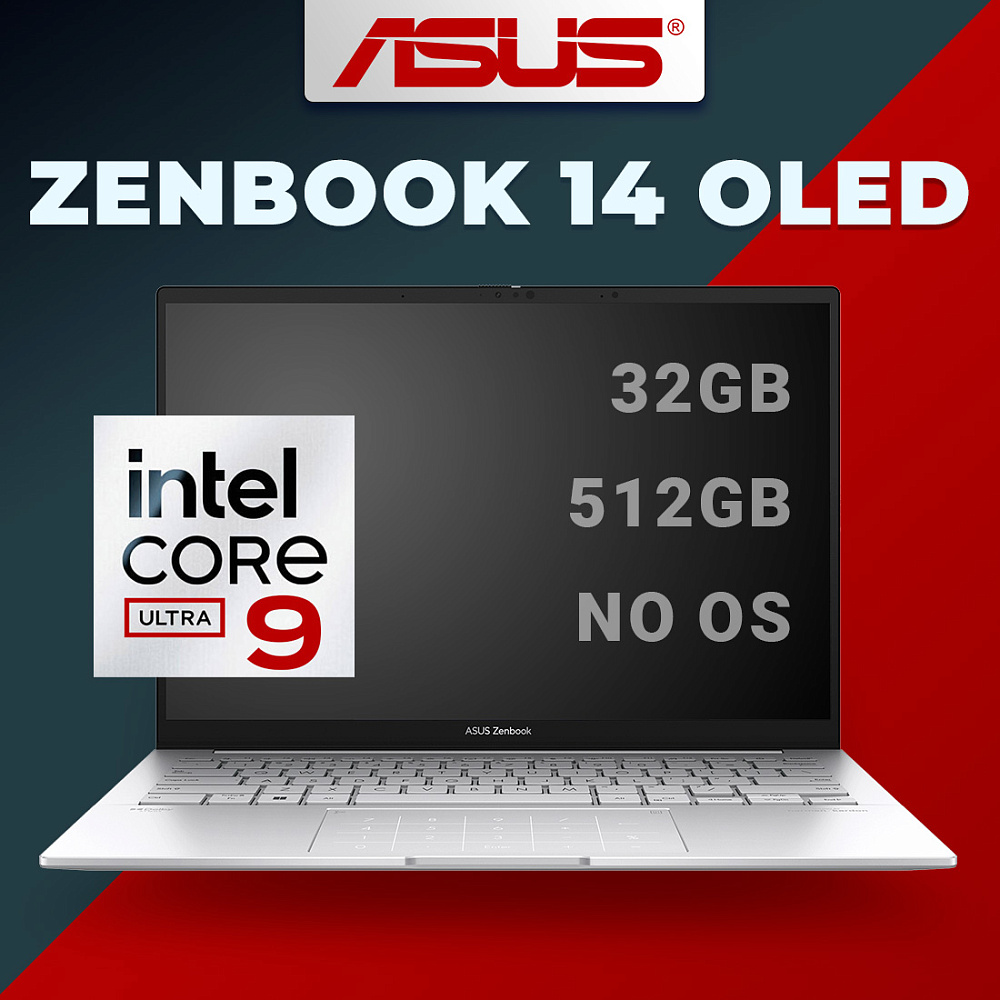 Ноутбук ASUS Zenbook 14 OLED Foggy Silver UX3405MA-QD1017 (90NB11R2-M01UC0), Intel Core Ultra 9 185H, 32 ГБ LPDDR5X, 14" Full HD+ OLED, 512 GB SSD PCIe GEN4, NO OS, КЛАВИАТУРА RU/US, гарантия 1 год, ЧЕХОЛ В ПОДАРОК!