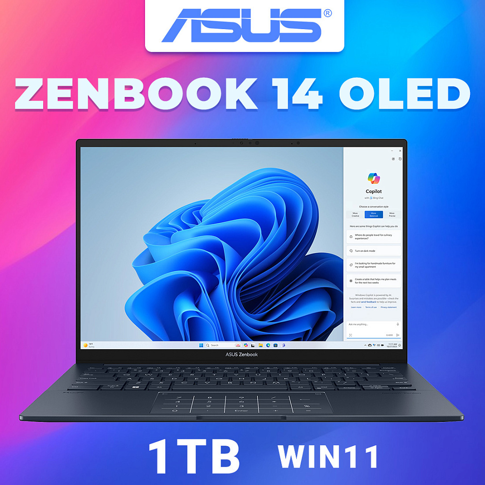 Ноутбук ASUS Zenbook 14 OLED Ponder Blue UX3405MA-QD489 (90NB11R1-M00ST0), Intel Core Ultra 5 125H, 16 ГБ LPDDR5X, 14" Full HD+ OLED, 1 TB SSD PCIe GEN4, WINDOWS 11 PRO, КЛАВИАТУРА RU/US, гарантия 1 год, ЧЕХОЛ В ПОДАРОК!