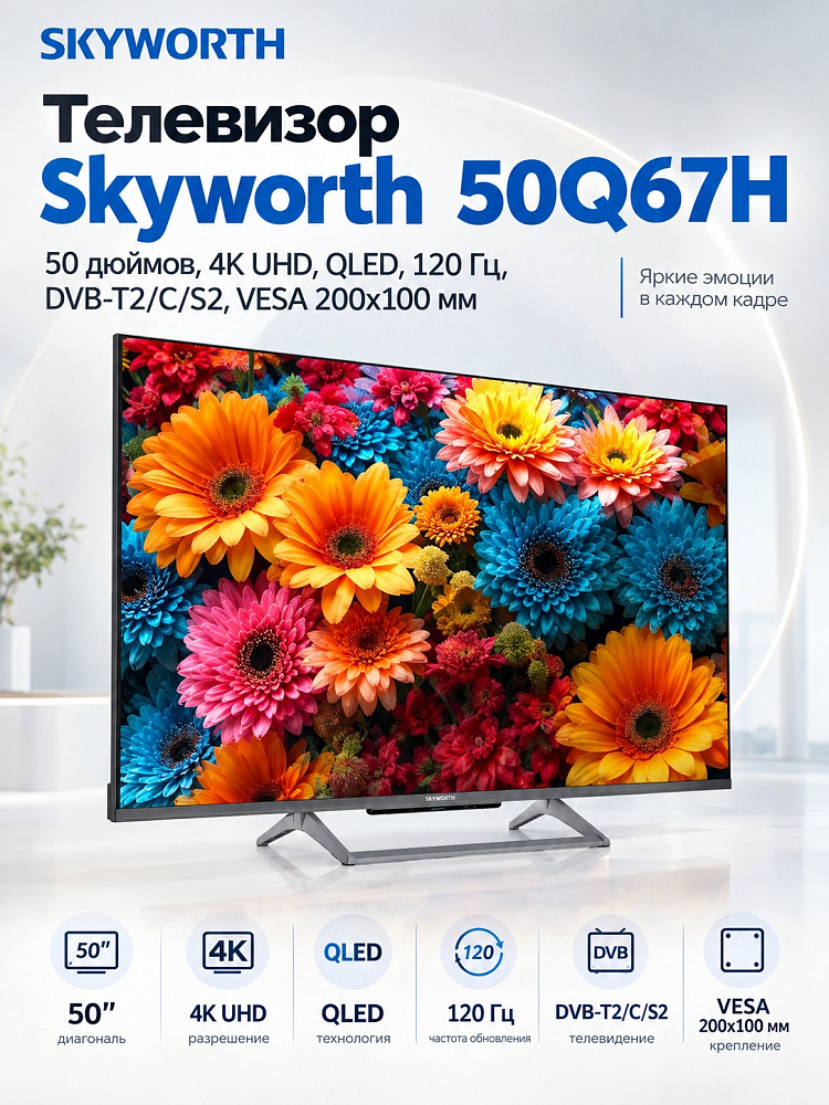 Телевизор Skyworth 50Q67H, 50 дюймов, 4K UHD, QLED, 120 Гц, DVB-T2/C/S2, VESA 200x100 мм