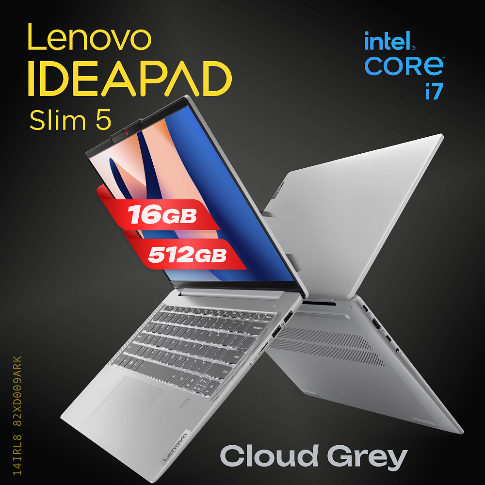 Ноутбук Lenovo IdeaPad Slim 5 14IRL8 82XD009ARK, Cloud Grey, 14" WUXGA IPS, Intel® Core™ i7-13620H, Intel® UHD Graphics, 16 ГБ LPDDR5-5200, SSD 512GB, WINDOWS 11 PRO, КЛАВИАТУРА RU/US, гарантия 1 год