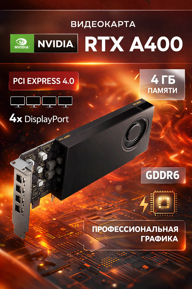Видеокарта Nvidia A400 PCIe, NVIDIA RTX A400, 4 ГБ видеопамяти, GDDR6, PCI Express 4.0