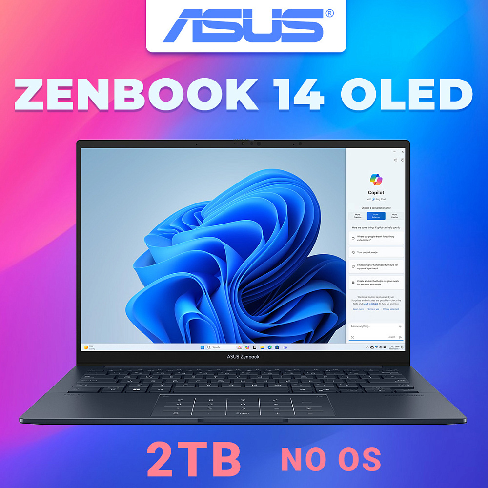 Ноутбук ASUS Zenbook 14 OLED Ponder Blue UX3405MA-QD489 (90NB11R1-M00ST0), Intel Core Ultra 5 125H, 16 ГБ LPDDR5X, 14" Full HD+ OLED, 2 TB SSD PCIe GEN4, NO OS, КЛАВИАТУРА RU/US, гарантия 1 год, ЧЕХОЛ В ПОДАРОК!