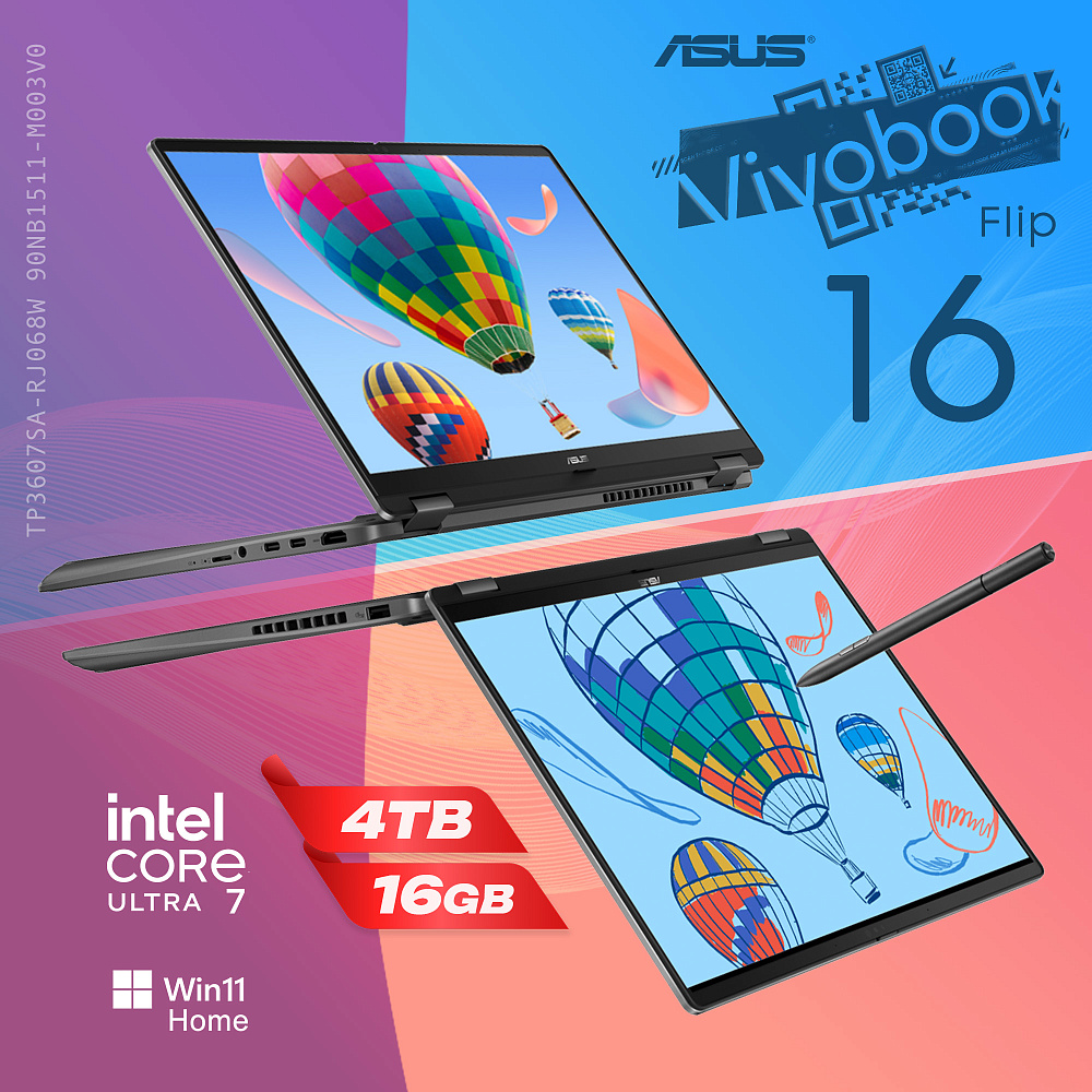 Ноутбук-трансформер ASUS Vivobook 16 Flip Matte Gray TP3607SA-RJ068W 90NB1511-M003V0, 16" 3K OLED 120Hz + стилус ASUS Pen, Intel Core Ultra 7 256V, Intel Arc 140V, 16GB LPDDR5X, SSD 4TB PCIe GEN4, WINDOWS 11 HOME, КЛАВИАТУРА RU/US, гарантия 1 год