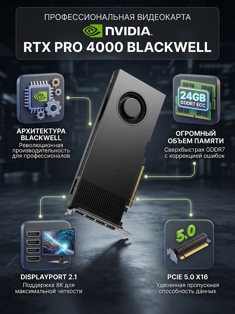 Видеокарта Nvidia RTX PRO 4000 Blackwell, NVIDIA Quadro RTX PRO 4000, 24 ГБ видеопамяти, GDDR7
