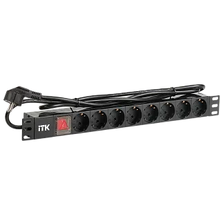 Блок розеток ITK PH12-8D1 для стойки 1U, 8 розеток Schuko, выключатель с подсветкой, шнур 2 м, алюминий, чёрный