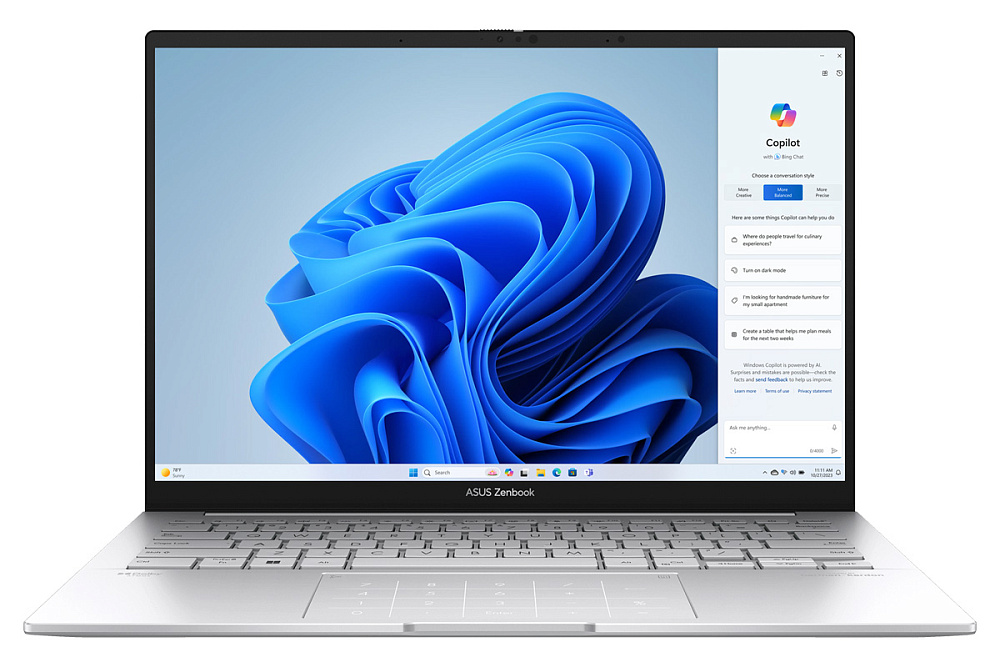 Ноутбук ASUS Zenbook 14 OLED Foggy Silver UX3405MA-QD988 (90NB11R2-M01SN0), Intel Core Ultra 5 125H, 16 ГБ LPDDR5X, 14" Full HD+ OLED, 512 GB SSD PCIe GEN4, NO OS, КЛАВИАТУРА RU/US, гарантия 1 год, ЧЕХОЛ В ПОДАРОК!, фото 2