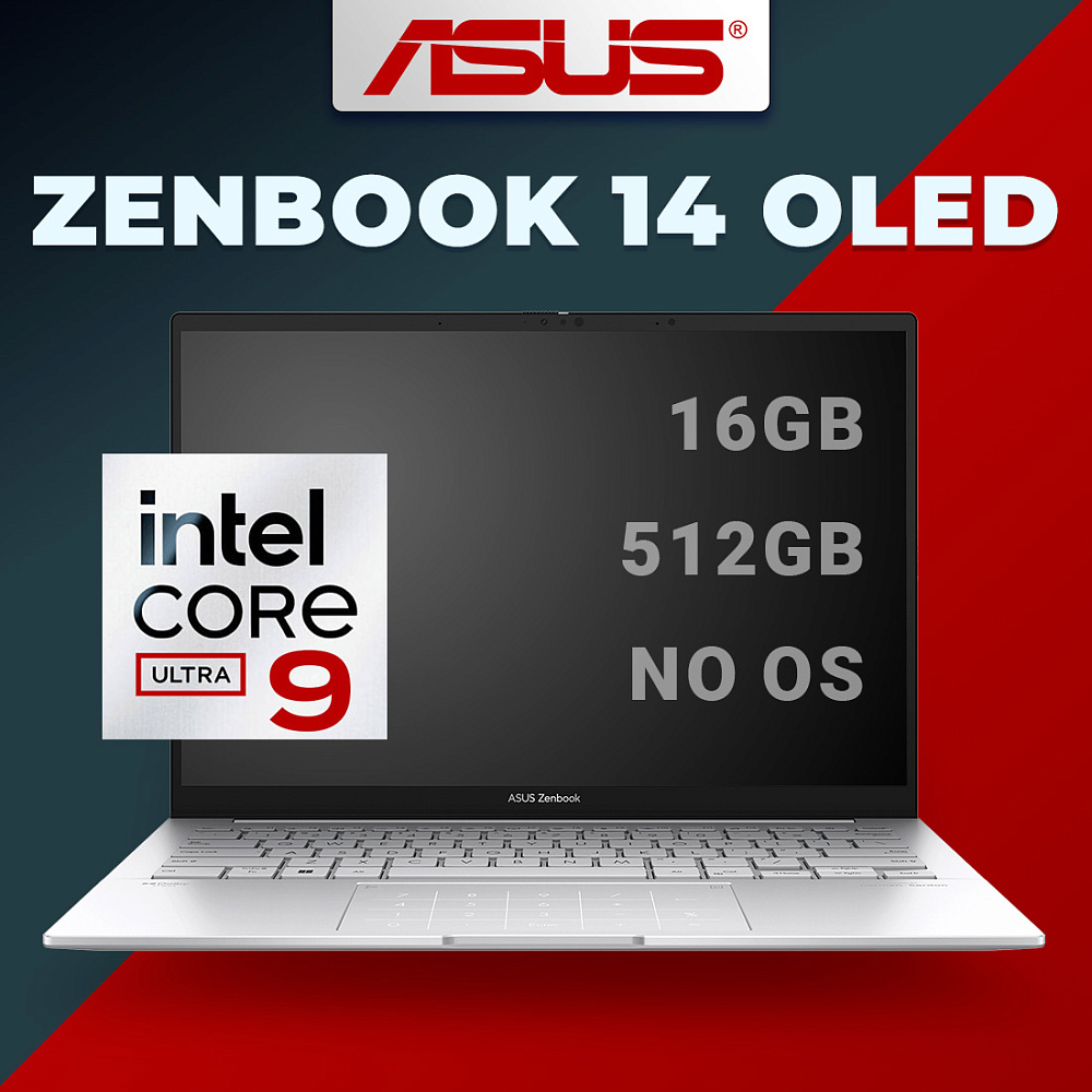Ноутбук ASUS Zenbook 14 OLED Foggy Silver UX3405MA-QD993 (90NB11R2-M01SV0), Intel Core Ultra 9 185H, 16 ГБ LPDDR5X, 14" Full HD+ OLED, 512 GB SSD PCIe GEN4, NO OS, КЛАВИАТУРА RU/US, гарантия 1 год, ЧЕХОЛ В ПОДАРОК!