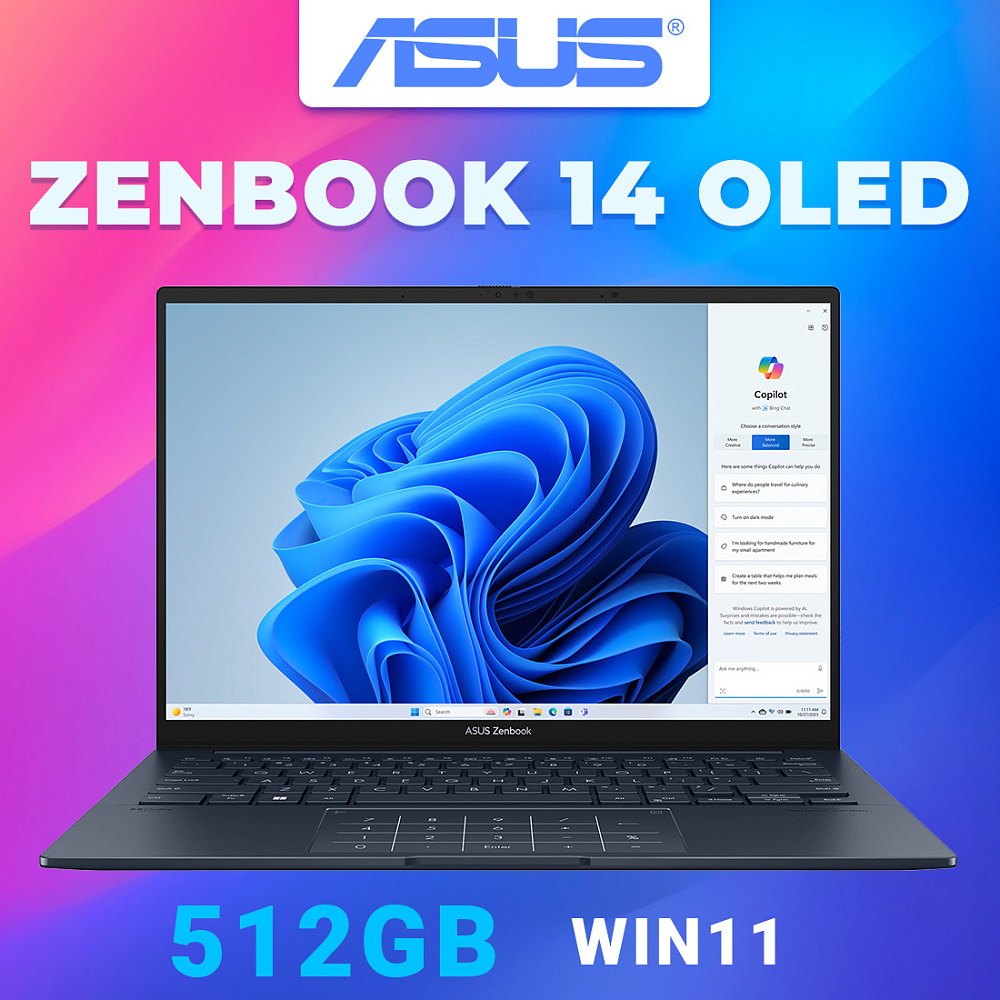 Ноутбук ASUS Zenbook 14 OLED Ponder Blue UX3405MA-QD986 (90NB11R1-M01SL0), Intel Core Ultra 5 125H, 16 ГБ LPDDR5X, 14" Full HD+ OLED, 512 GB SSD PCIe GEN4, WINDOWS 11 PRO, КЛАВИАТУРА RU/US, гарантия 1 год, ЧЕХОЛ В ПОДАРОК!