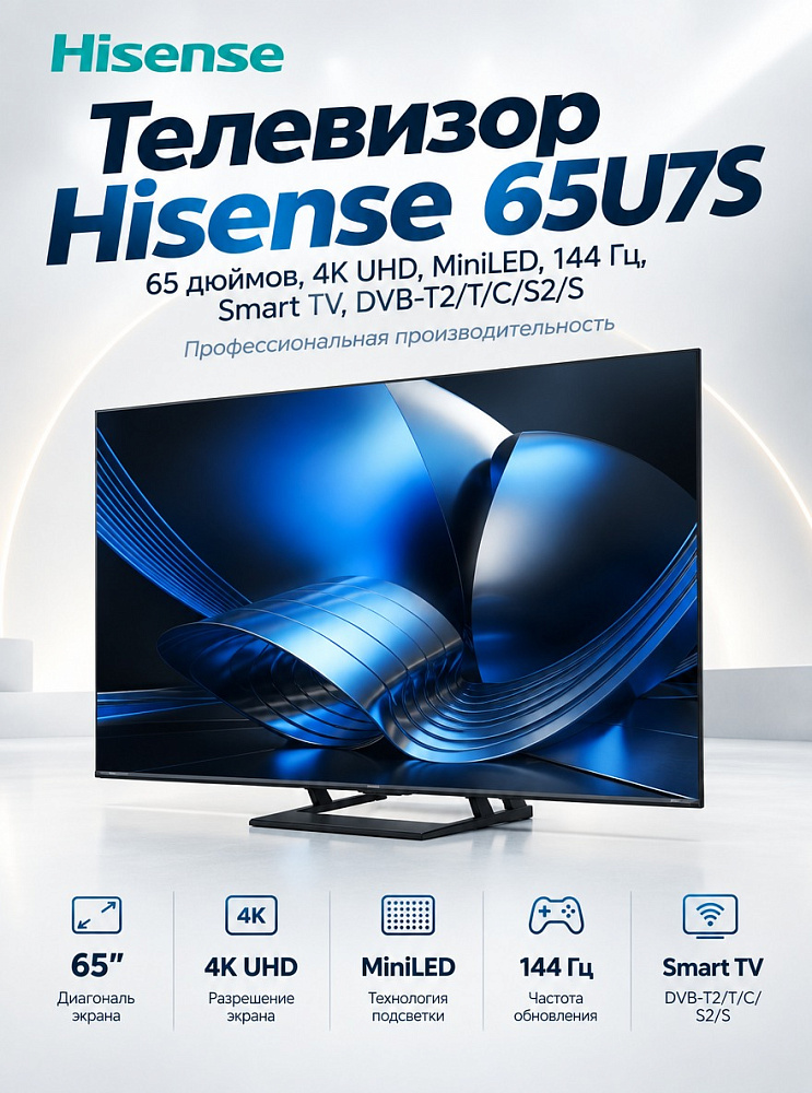 Телевизор Hisense 65U7S, 65 дюймов, 4K UHD, MiniLED, 144 Гц, Smart TV, DVB-T2/T/C/S2/S