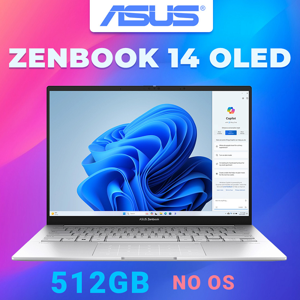 Ноутбук ASUS Zenbook 14 OLED Foggy Silver UX3405MA-QD988 (90NB11R2-M01SN0), Intel Core Ultra 5 125H, 16 ГБ LPDDR5X, 14" Full HD+ OLED, 512 GB SSD PCIe GEN4, NO OS, КЛАВИАТУРА RU/US, гарантия 1 год, ЧЕХОЛ В ПОДАРОК!