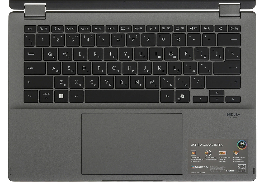 Ноутбук-трансформер ASUS Vivobook 14 Flip Matte Gray TP3407SA-QL055W 90NB14Y1-M00690, 14" WUXGA + стилус ASUS Pen, Intel Core Ultra 7 256V, Intel Arc 140V, 16GB LPDDR5X, SSD 4TB PCIe GEN4, WINDOWS 11 HOME, КЛАВИАТУРА RU/US, гарантия 1 год, фото 15