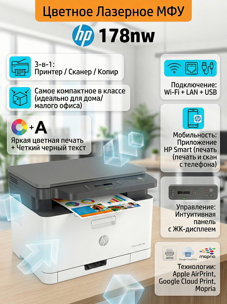 МФУ лазерное HP Color Laser 178nw, A4, цветная печать, 18 стр./мин, сканирование 600x600 dpi