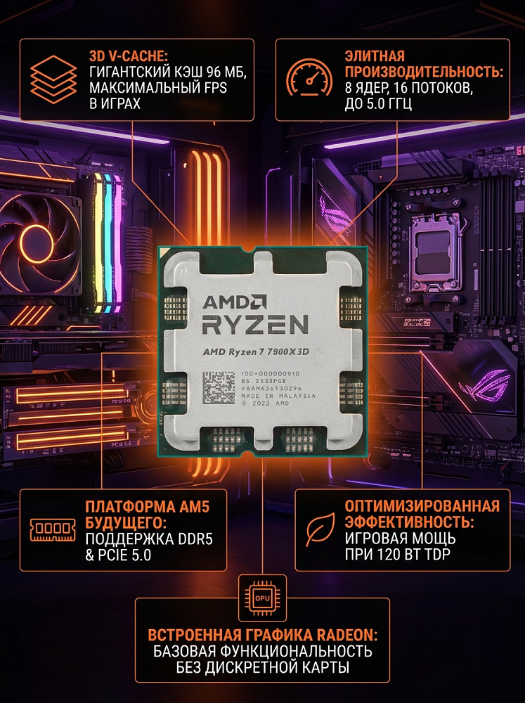 Процессор AMD Ryzen 7 7800X3D, AM5, OEM, 8 ядер, 16 потоков, до 5.0 ГГц, AMD Radeon Graphics, фото 3